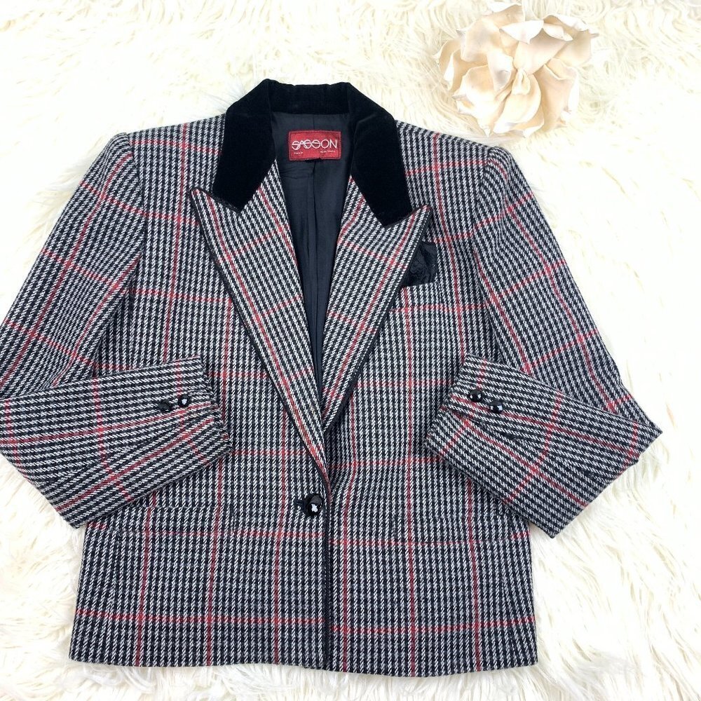 Sasson Vintage Wool Blend Houndstooth/Plaid Blazer With Velvet Collar Size 4/5